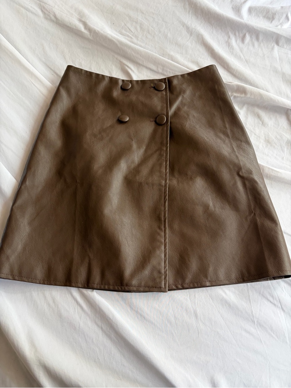 Brown Faux Leather Button-Front A-Line Skirt
